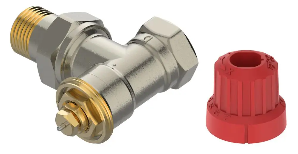 Metallisches Eckventil mit Außengewinde und rotem Kunststoffdeckel, hergestellt von Danfoss, zur Wasserregulierung in Heizungs- oder Sanitärsystemen.